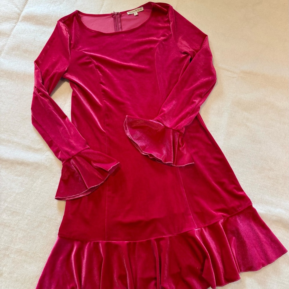 Pink Ruffled Tiered Sheath Dress with Long Bell Sleeves